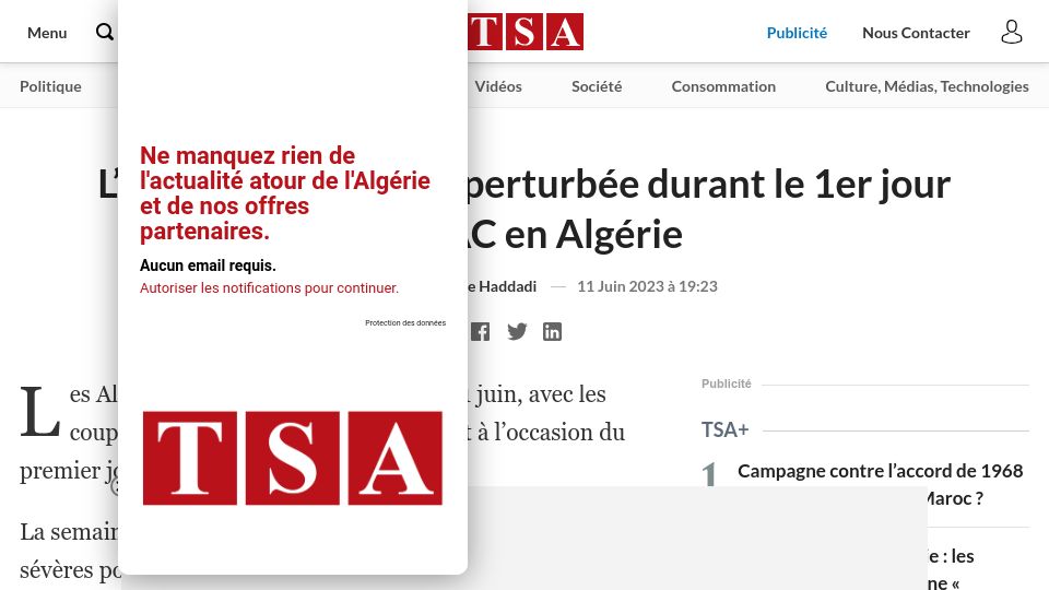 Screenshot of tsa-algerie.com: Algeria cuts internet nationwide during the baccalaureat exams