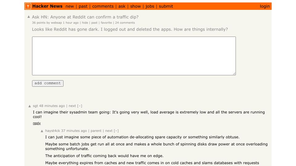 Screenshot of Hacker News post: Ask HN: Anyone at Reddit can confirm a traffic dip?