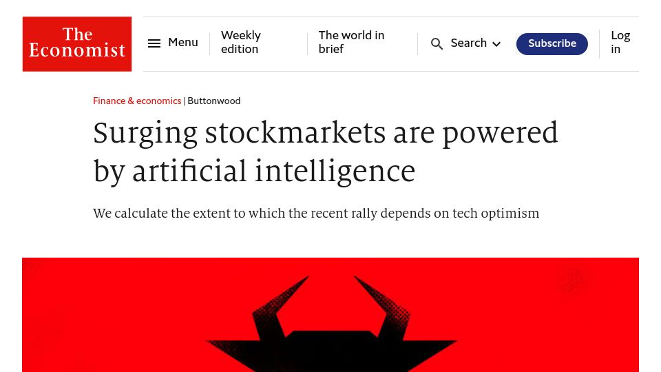 Screenshot of economist.com: Surging stockmarkets are powered by artificial intelligence