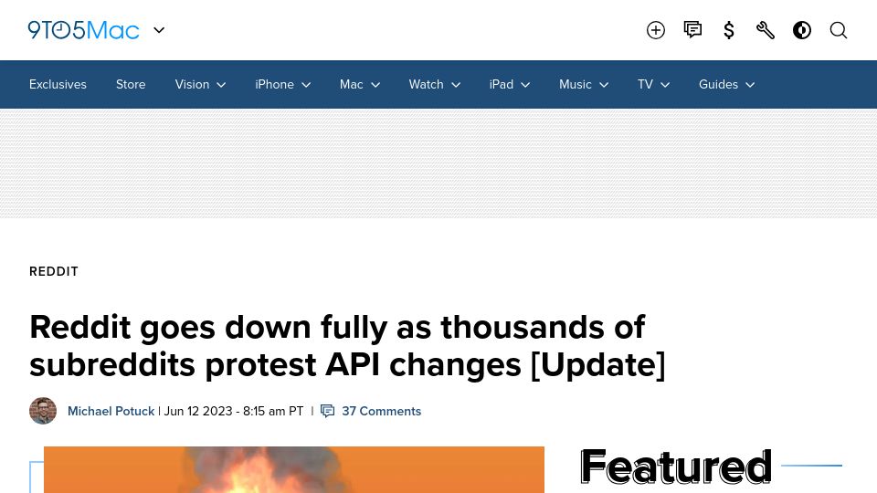Screenshot of 9to5mac.com: Reddit goes down fully as thousands of subreddits protest API changes