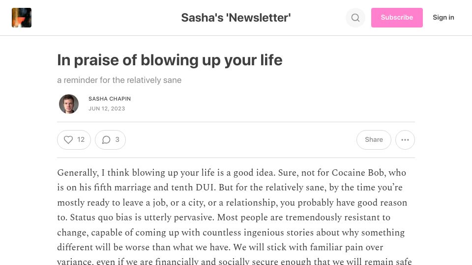 Screenshot of sashachapin.substack.com: In praise of blowing up your life