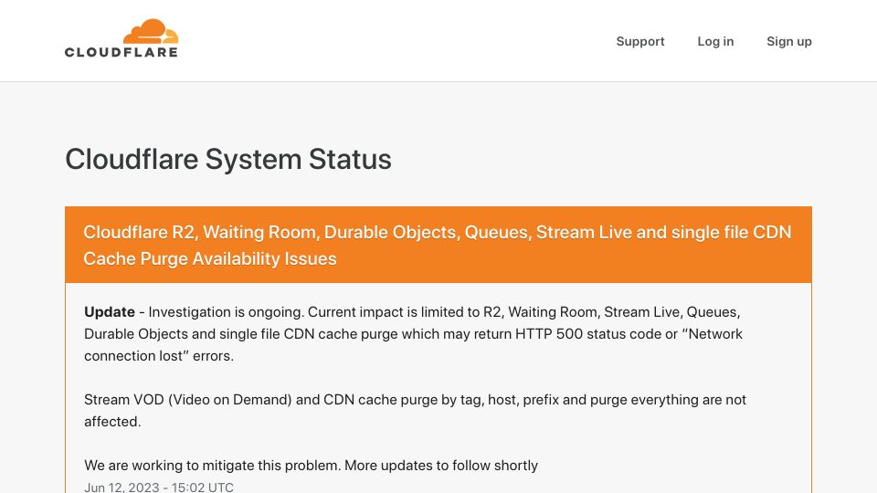 Screenshot of cloudflarestatus.com: Cloudflare Is Having Issues