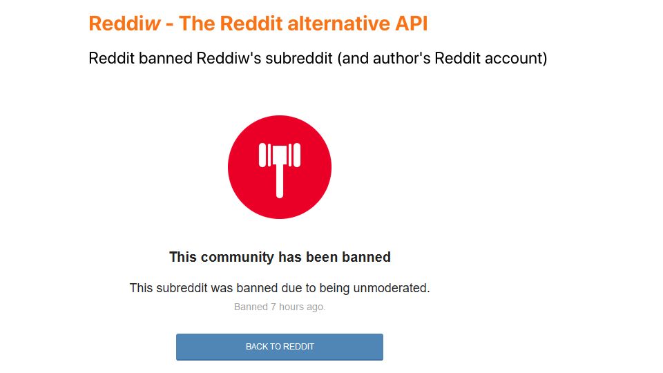 Screenshot of api.reddiw.com: Reddit banned Reddiw's (alternative API) subreddit and author's Reddit account