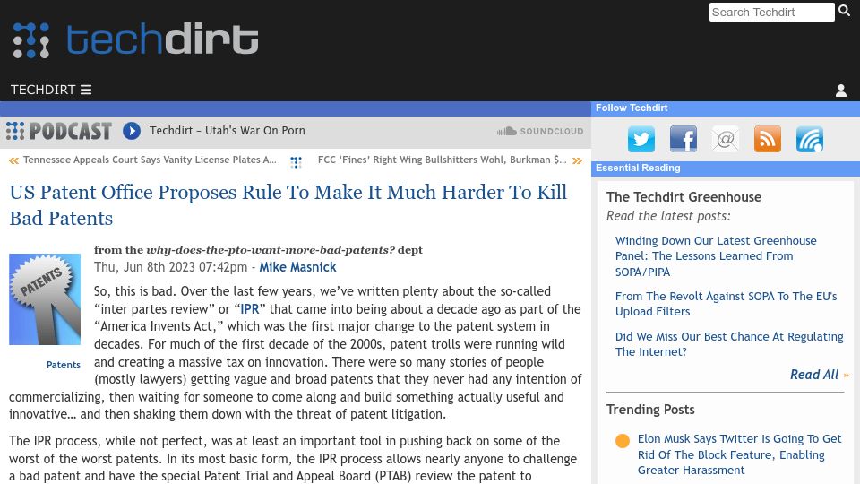 Screenshot of techdirt.com: US Patent Office proposes rule to make it much harder to kill bad patents