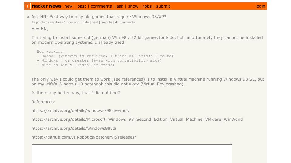 Screenshot of Hacker News post: Ask HN: Best way to play old games that require Windows 98/XP?
