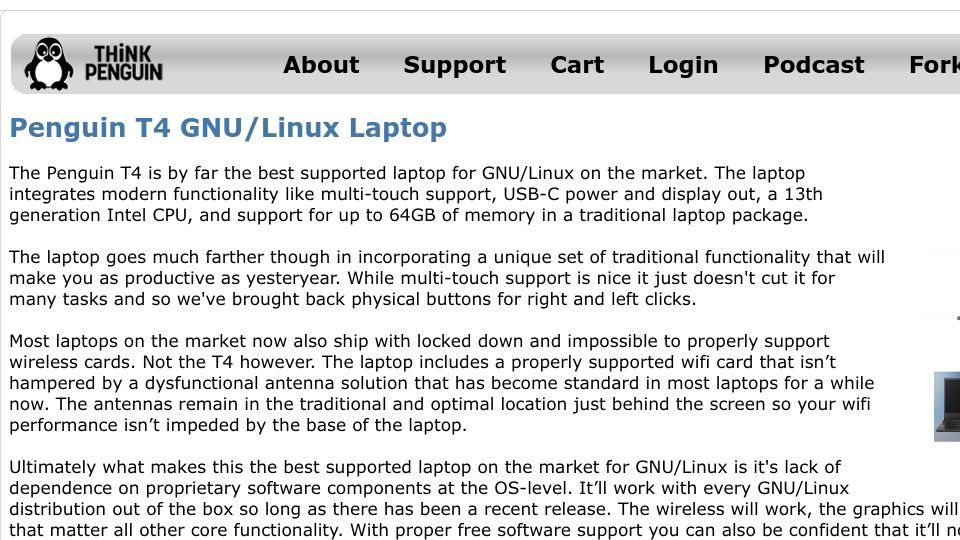 Screenshot of thinkpenguin.com: Penguin T4 GNU/Linux Laptop
