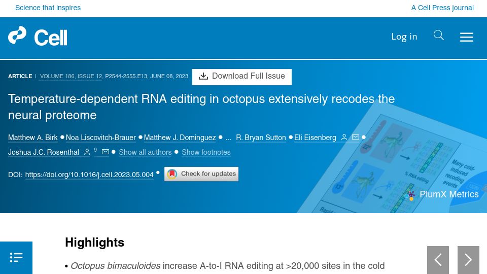 Screenshot of cell.com: Temperature-dependent RNA editing in octopus recodes the neural proteome