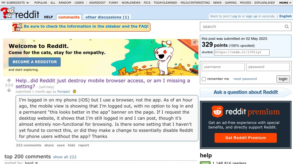 Screenshot of reddit.com: Did Reddit just destroy mobile browser access?