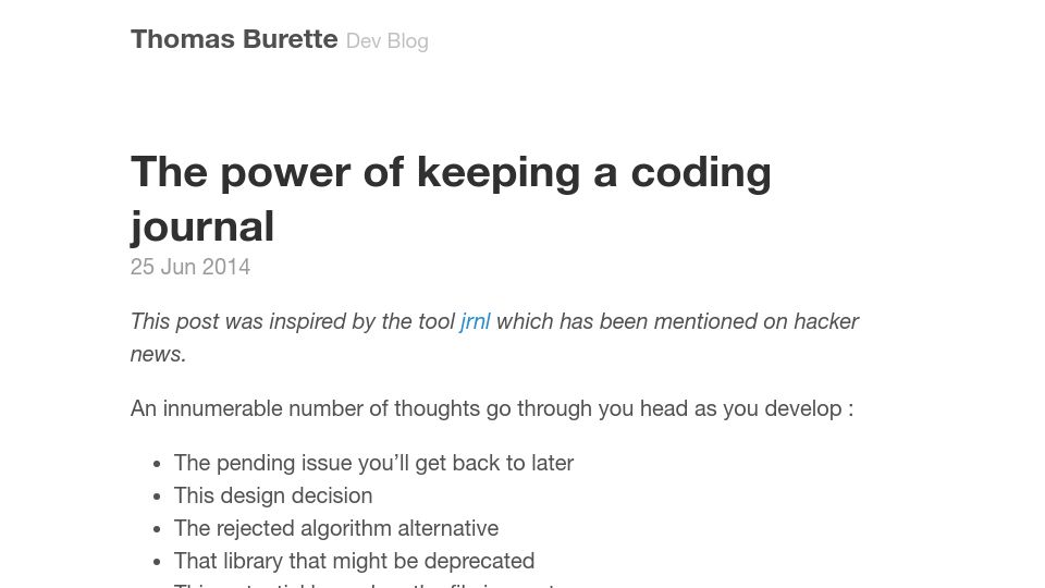 Screenshot of thomasburette.com: The power of keeping a coding journal (2014)