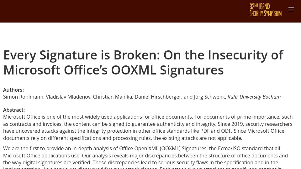 Screenshot of usenix.org: Every Signature Is Broken: Insecurity of Microsoft Office’s Ooxml Signatures