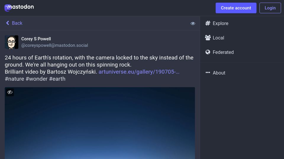 Screenshot of mastodon.social: Earth's rotation, with the camera locked to the sky instead of the ground