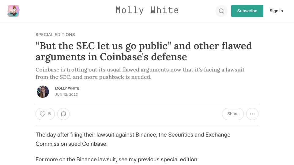 Screenshot of newsletter.mollywhite.net: “But the SEC let us go public” and other flawed arguments in Coinbase's defense
