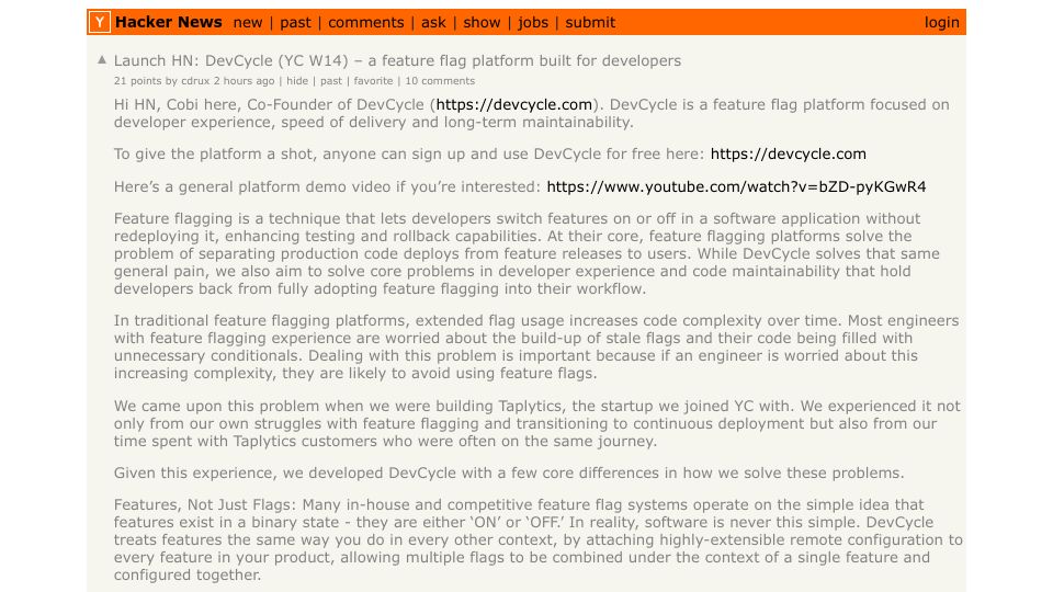 Screenshot of Hacker News post: Launch HN: DevCycle (YC W14) – a feature flag platform built for developers