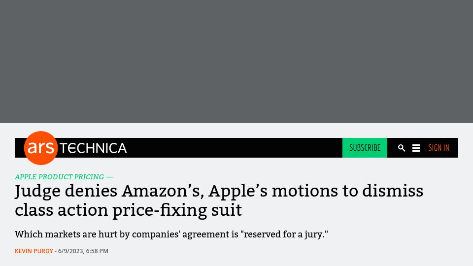 Screenshot of arstechnica.com: Judge denies Amazon’s, Apple’s motions to dismiss class action price-fixing suit