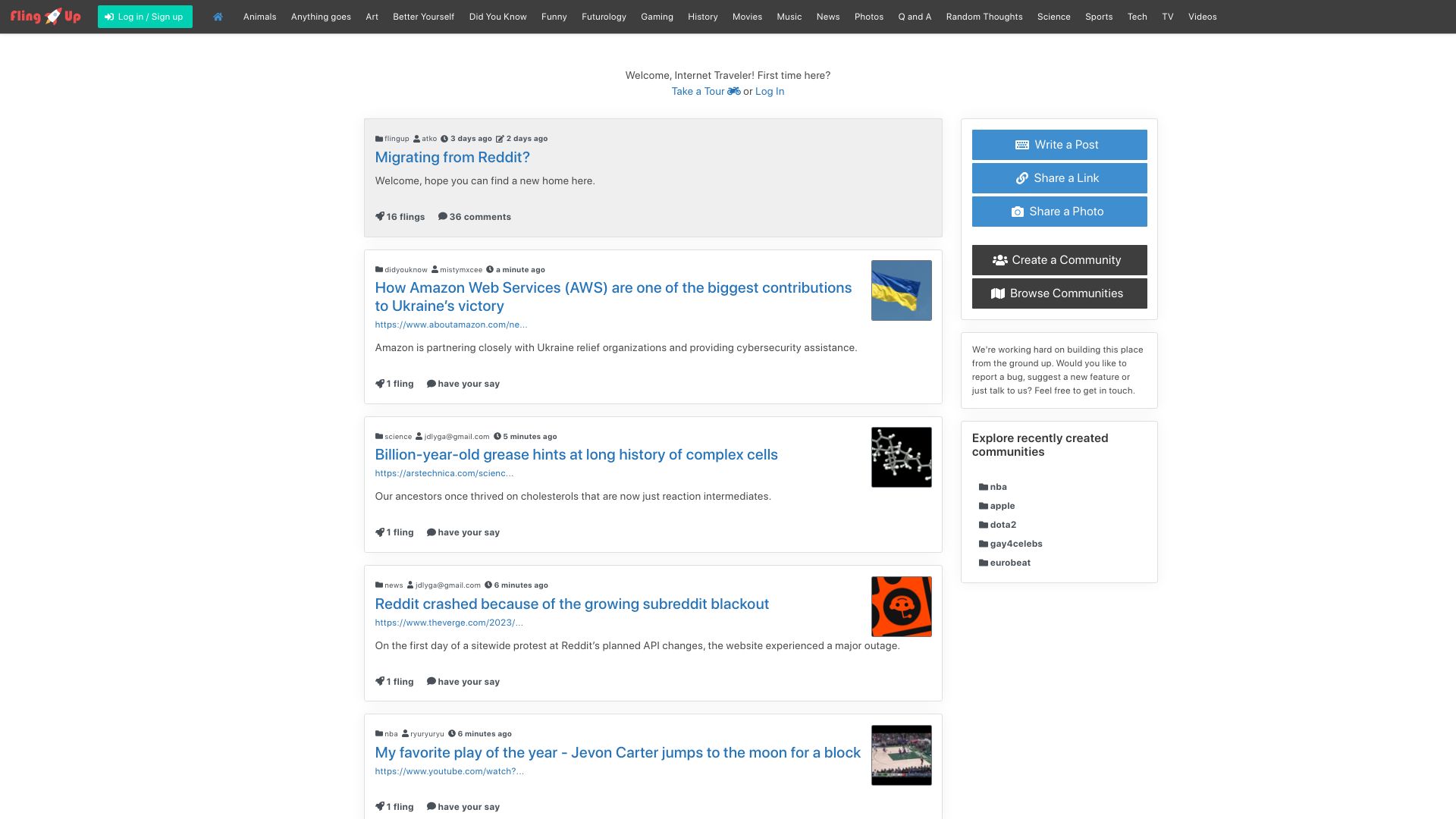 Screenshot of flingup.com: Show HN: FlingUp, a Reddit-like platform Ive been building for the last 2 years