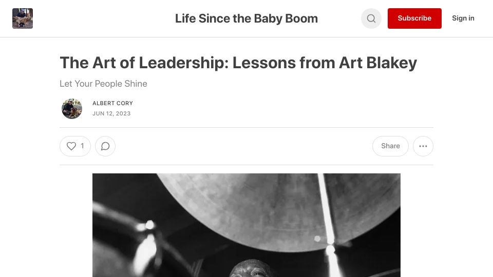 Screenshot of albertcory50.substack.com: The Art of Leadership: Lessons from Art Blakey