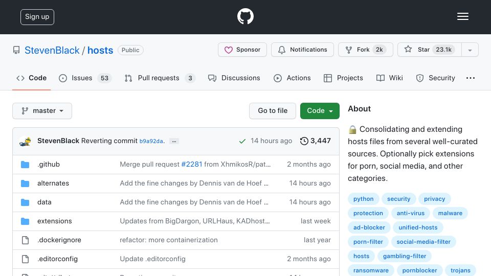 Screenshot of github.com: Block Adware and Malware with /etc/hosts