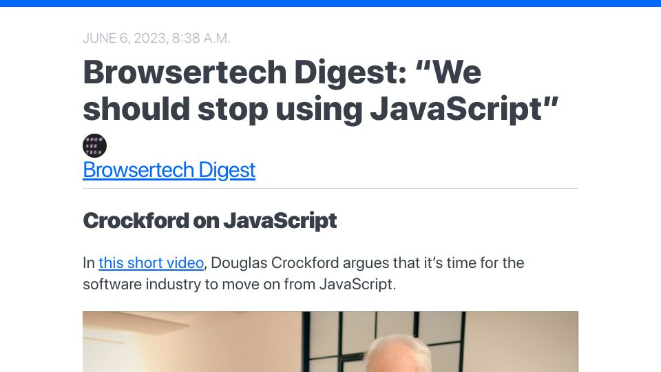 Screenshot of digest.browsertech.com: Douglas Crockford on JavaScript