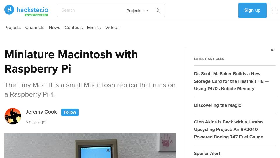Screenshot of hackster.io: Miniature Macintosh with Raspberry Pi