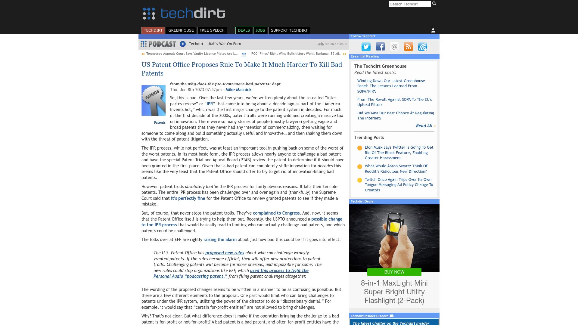 Screenshot of techdirt.com: US Patent Office proposes rule to make it much harder to kill bad patents