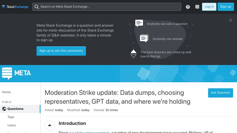 Screenshot of meta.stackexchange.com: Stack Overflow Moderation Strike Update