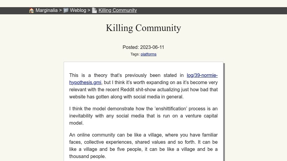 Screenshot of marginalia.nu: Killing Community