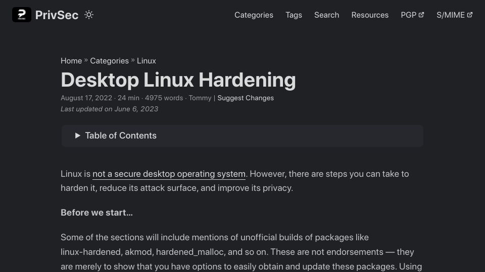 Screenshot of privsec.dev: Desktop Linux Hardening (2022)