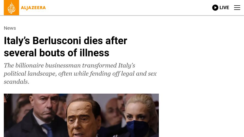 Screenshot of aljazeera.com: Silvio Berlusconi, Italy’s former prime minister, dies at 86
