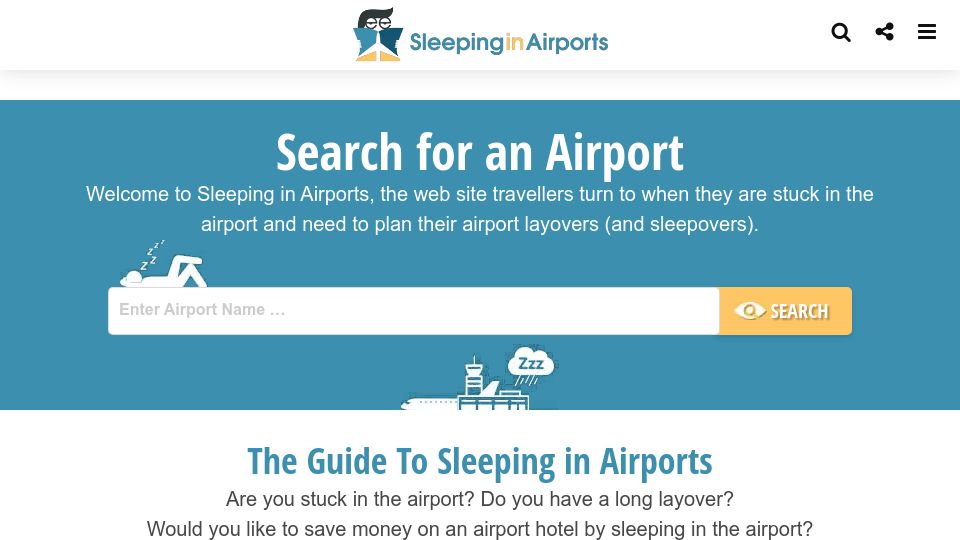 Screenshot of sleepinginairports.net: The Guide to Sleeping in Airports