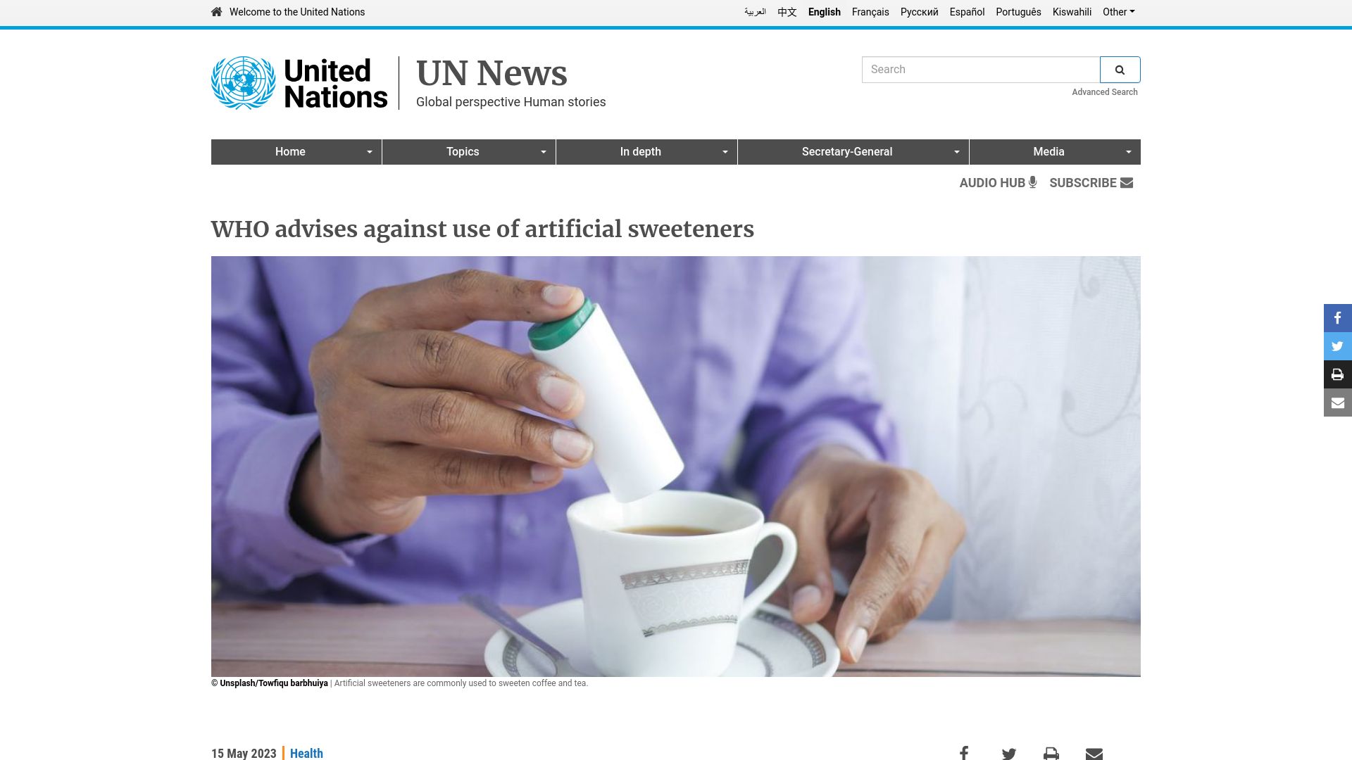 Screenshot of news.un.org: WHO advises against use of artificial sweeteners