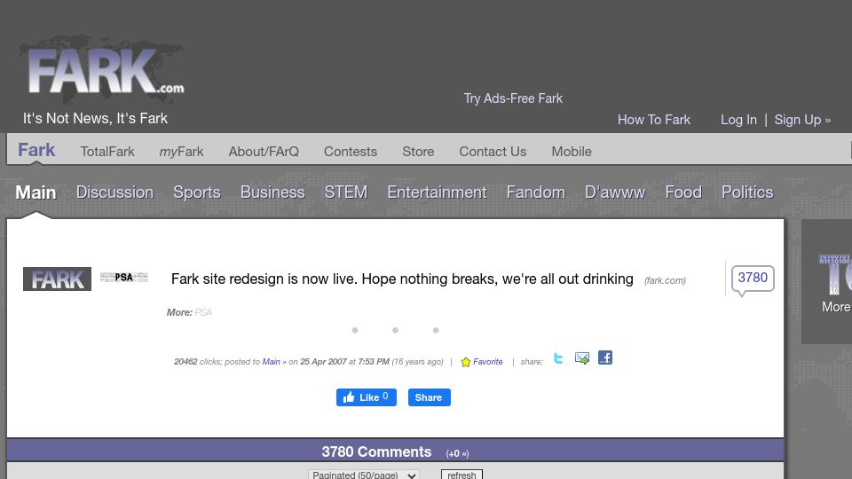Screenshot of fark.com: Fark redesign is now live (2007)