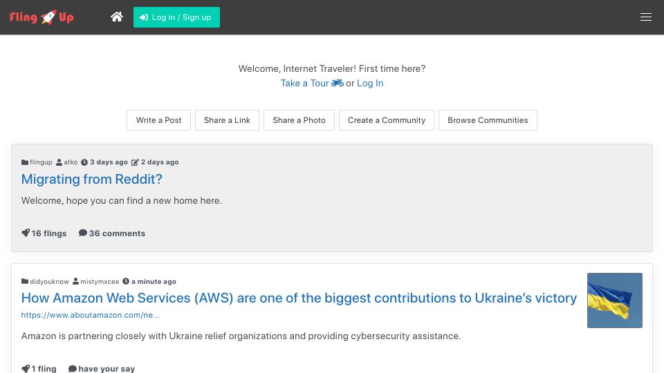 Screenshot of flingup.com: Show HN: FlingUp, a Reddit-like platform Ive been building for the last 2 years