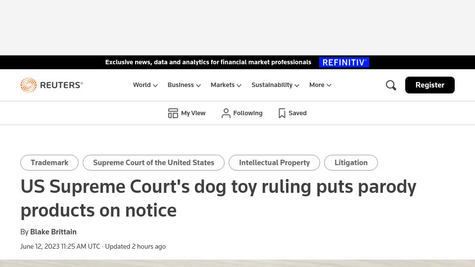 Screenshot of reuters.com: US Supreme Court's dog toy ruling puts parody products on notice