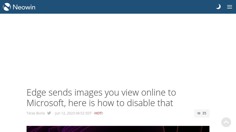 Screenshot of neowin.net: Edge sends images you view online to Microsoft
