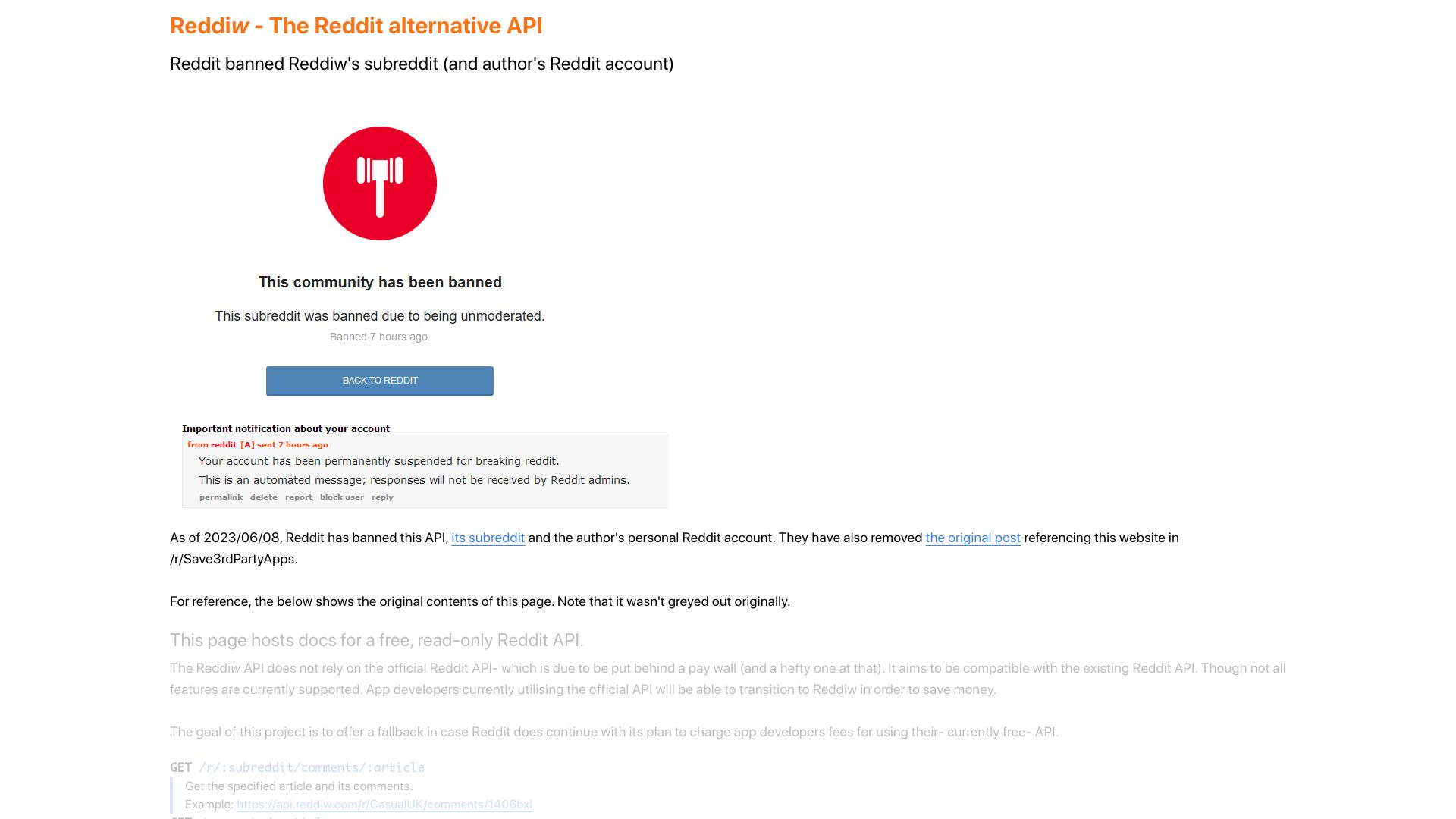Screenshot of api.reddiw.com: Reddit banned Reddiw's (alternative API) subreddit and author's Reddit account