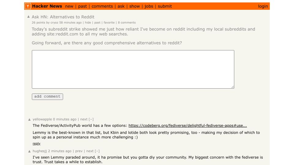 Screenshot of Hacker News post: Ask HN: Alternatives to Reddit