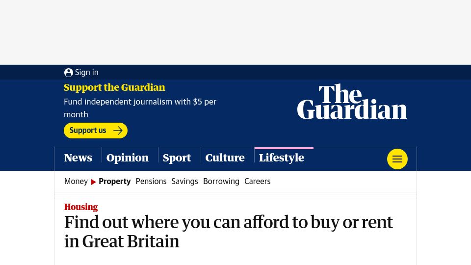 Screenshot of theguardian.com: Find out where you can afford to buy or rent in Great Britain