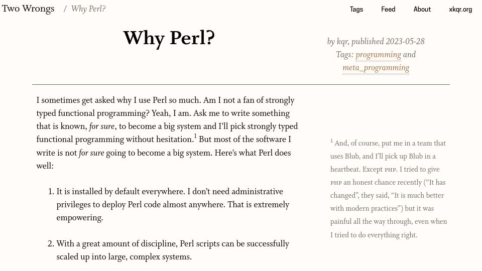 Screenshot of two-wrongs.com: Why Perl?