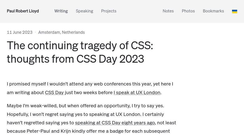 Screenshot of paulrobertlloyd.com: The continuing tragedy of CSS