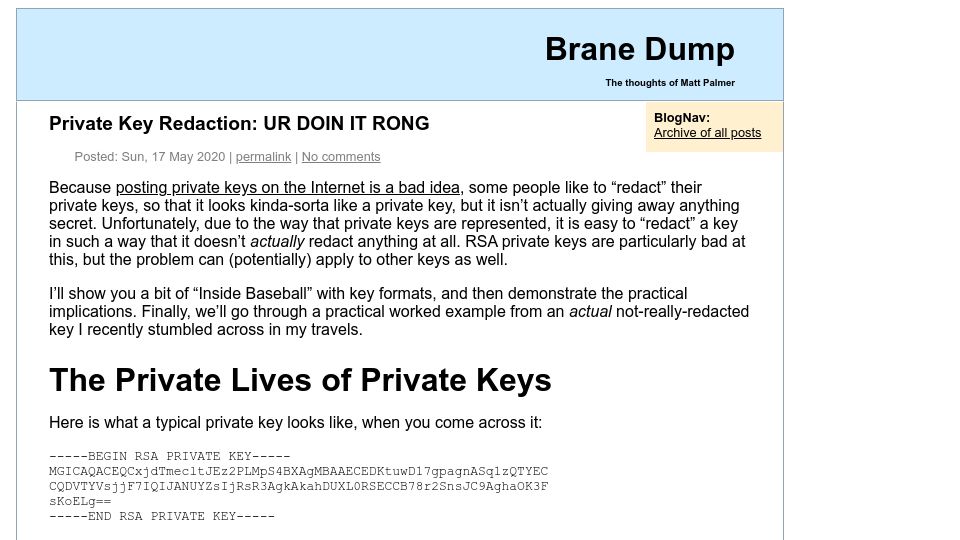 Screenshot of hezmatt.org: Private key redaction: Ur doin it rong (2020)