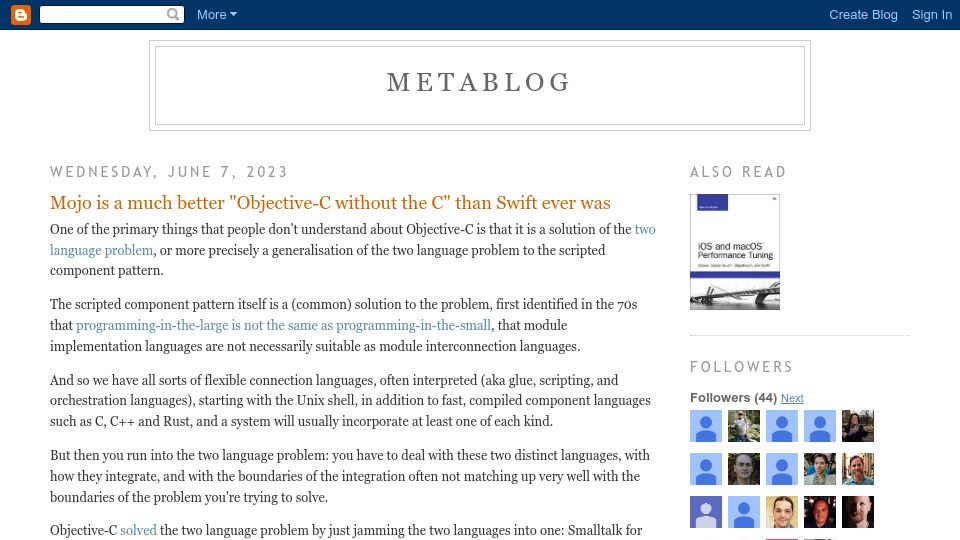 Screenshot of blog.metaobject.com: Mojo is a much better “Objective-C without the C” than Swift ever was
