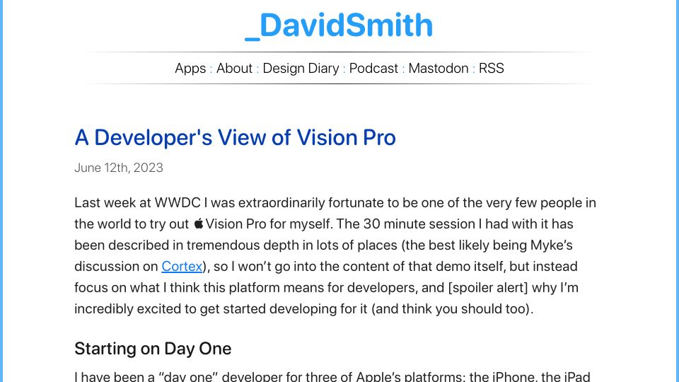 Screenshot of david-smith.org: A developer's view of Vision Pro