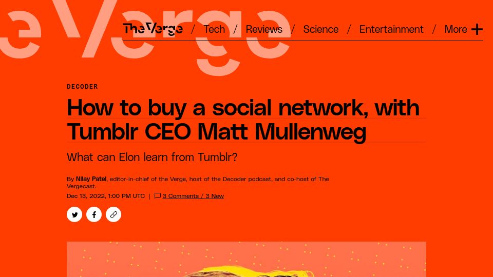Screenshot of theverge.com: How to buy a social network, with Tumblr CEO Matt Mullenweg