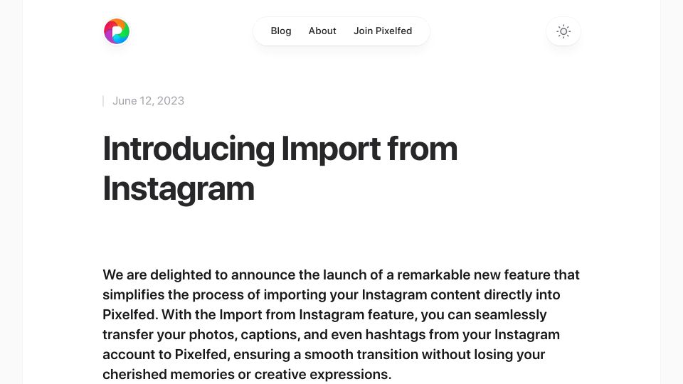 Screenshot of pixelfed.blog: Pixelfed Introduces Import from Instagram