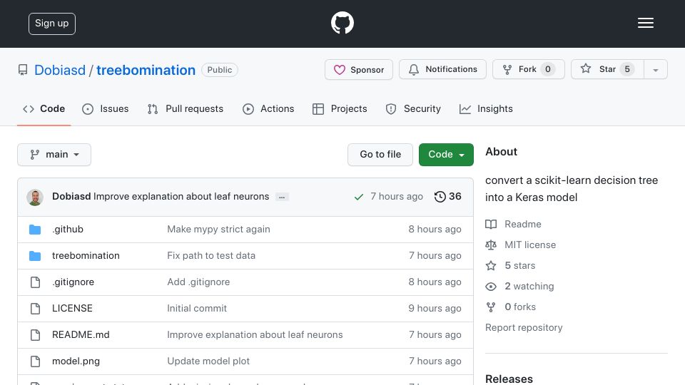 Screenshot of github.com: Treebomination: Convert a scikit-learn decision tree into a Keras model