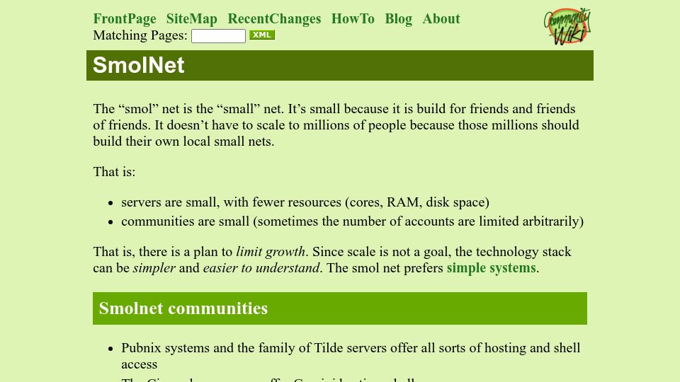 Screenshot of communitywiki.org: The “smolnet”, build for friends and friends of friends