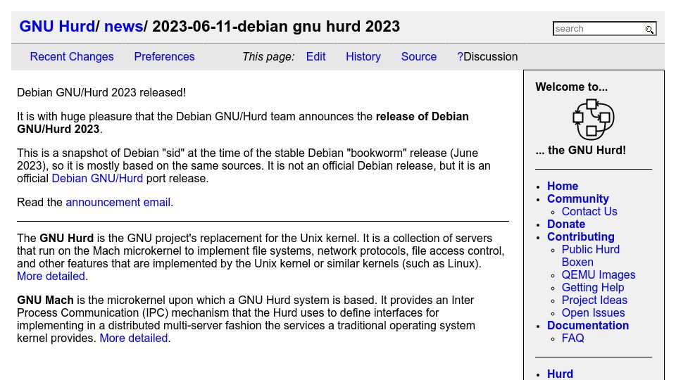 Screenshot of lists.gnu.org: Debian GNU/Hurd 2023