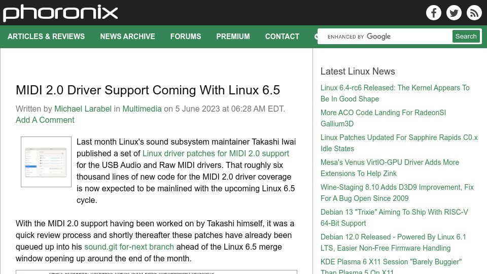 Screenshot of phoronix.com: MIDI 2.0 driver support coming with Linux 6.5