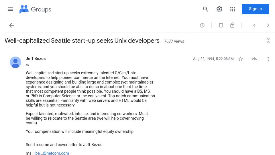 Screenshot of groups.google.com: Amazon's First Job Listing