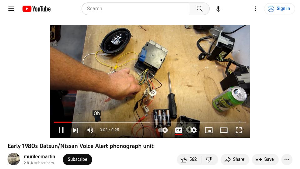 Screenshot of youtube.com: Early 1980s Datsun/Nissan Voice Alert phonograph unit [video]